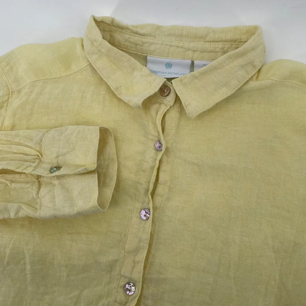 Cynthia‎ Rowley Linen Shirt Womens L Yellow Long Sleeve Cropped Button Down Top